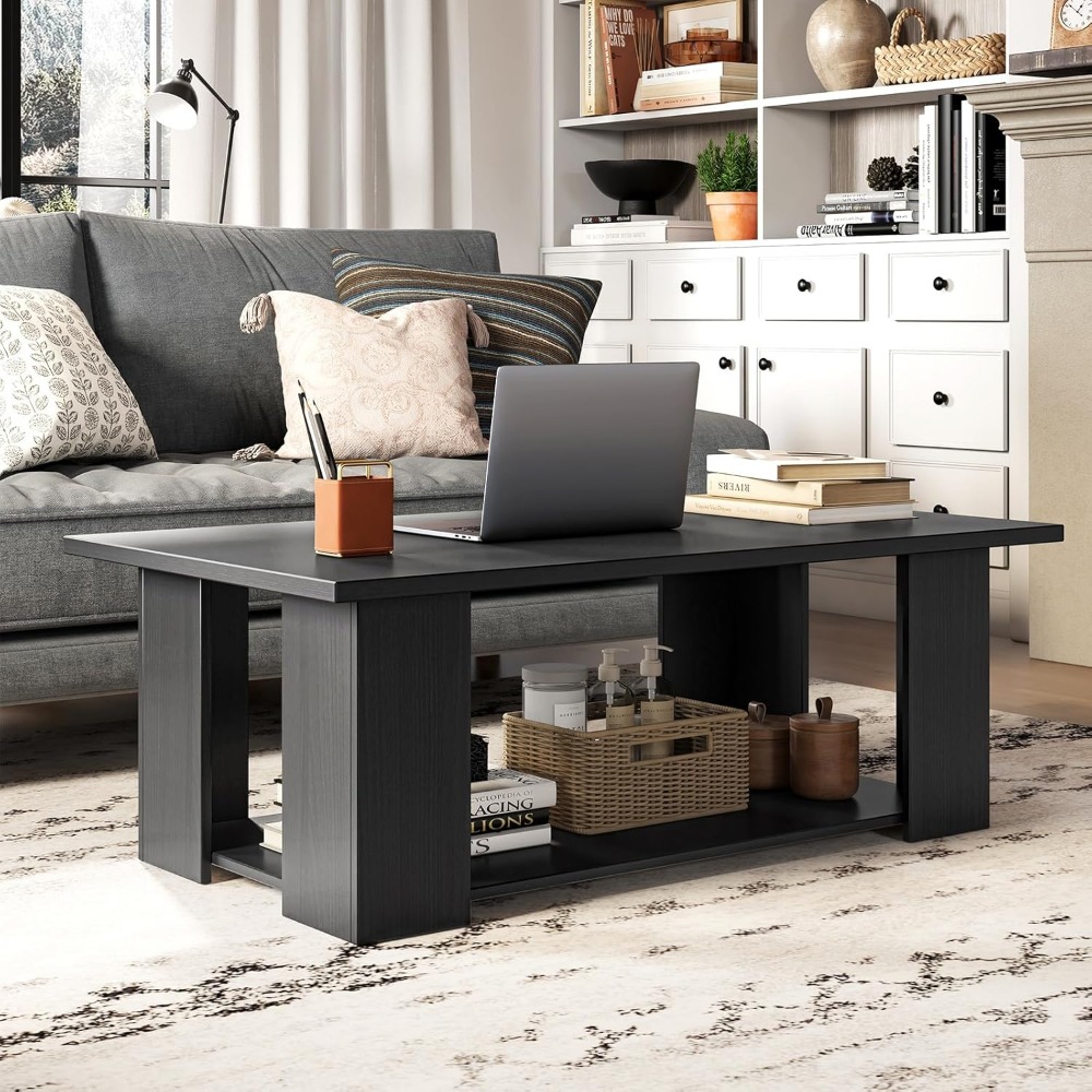 Z. A. Furniture - โต๊ะกาแฟทรงสี่เหลี่ยมทันสมัย 2 ชั้น ขาไม้ 5 ขา