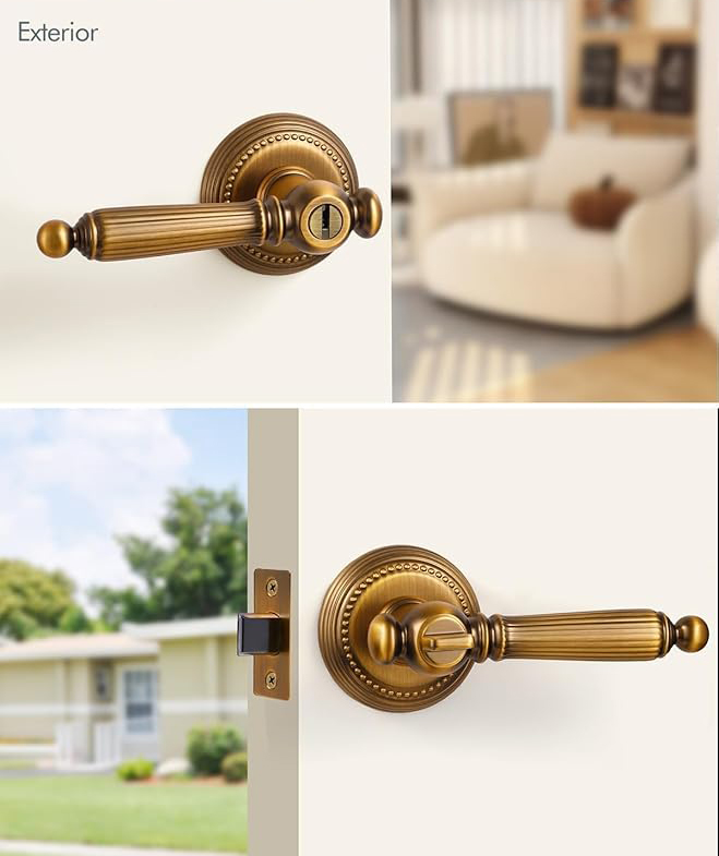 Zinc Furniture Hardware - กุญแจทองเหลืองโบราณสีเหลือง, มือจับประตูทางเข้าพร้อมกุญแจล็อค, กุญแจและล็อคประตูด้านนอก, มือจับประตูห้องนอนสไตล์เรโทร, โลหะผสมสังกะสี